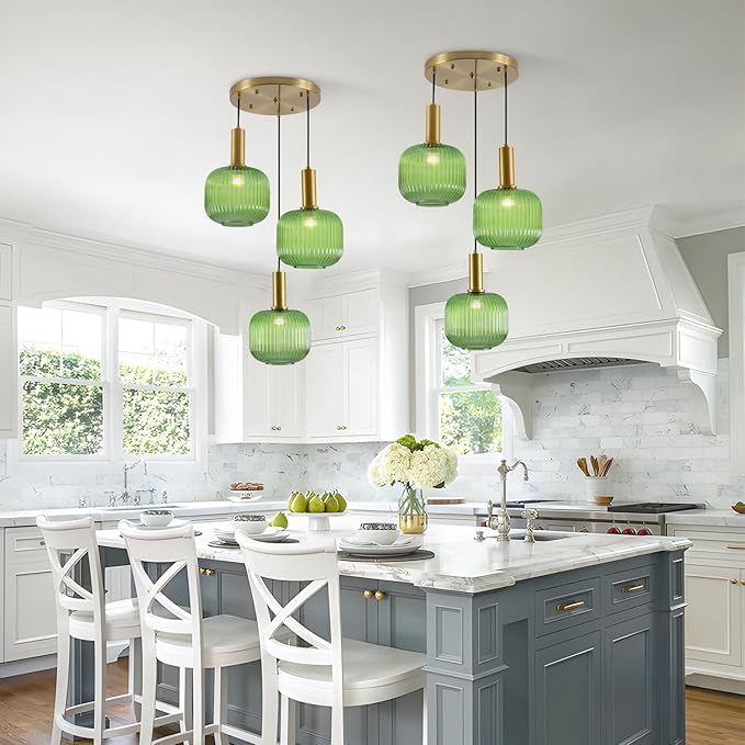 BOKT Green 3-Light Cluster Pendant Lights Mid Century Modern Ceiling Hanging Lighting 7.9" Farmhouse Gold Pendant Lights Kitchen Island with Ribbed Hand Blown Glass for Living Room Dining Room
