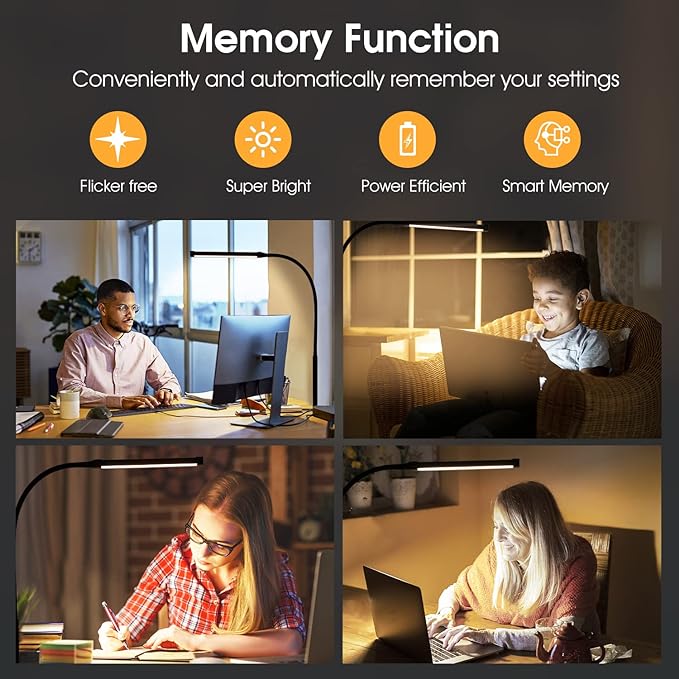 Voncerus LED Desk Lamp with Clamp, Eye-Caring Clip on Lights for Home Office, 3 Modes 10 Brightness, Long Flexible Goose-Neck, Metal, Swing Arm Architect Task Table Lamps with USB Adapter, White