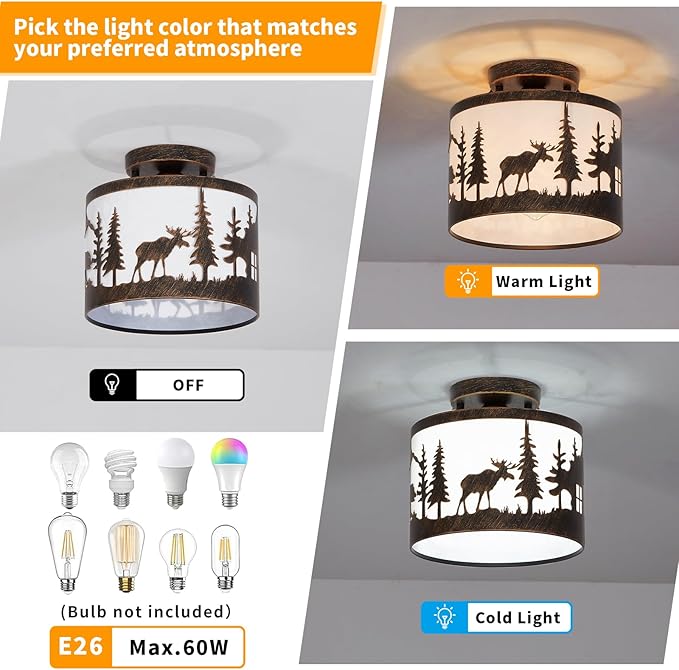 Rustic Semi Flush Mount Ceiling Light with Shade, Black Metal Farmhouse Fixture with Deer and Bear Silhouettes, Wildlife Forest Theme for Cabin, Kitchen, Living Room - E26 Base (9.1" Round)