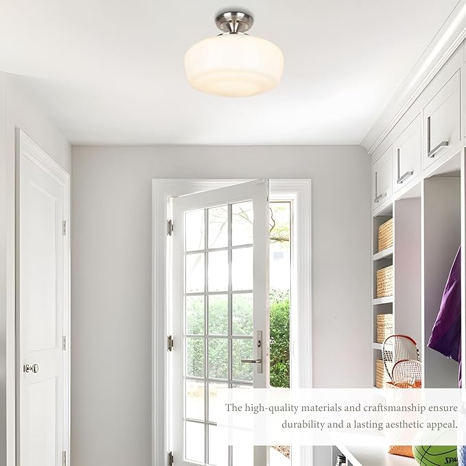 Large Schoolhouse Style Semi Flush Mount Ceiling Light Fixture, 14" Modern Hallway Ceiling Lamp with Opal Milk Glass Shade, Farmhouse Globe Light for Bedroom Kitchen Hallway Entryway, ROS588L SN