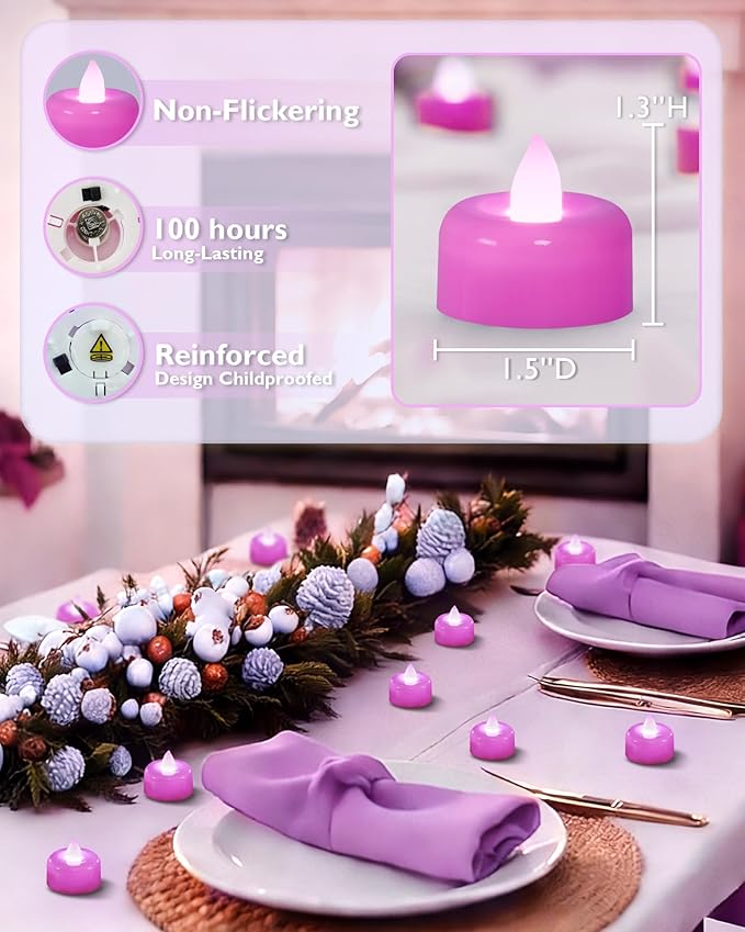 Amagic 12 Pack Light Purple Flameless LED Tea Lights Candles Battery Operated, Electric Fake Tealight Candles for Easter, Wedding, Table Centerpiece, Party, Anniversary, Proposal, Christmas, Birthday