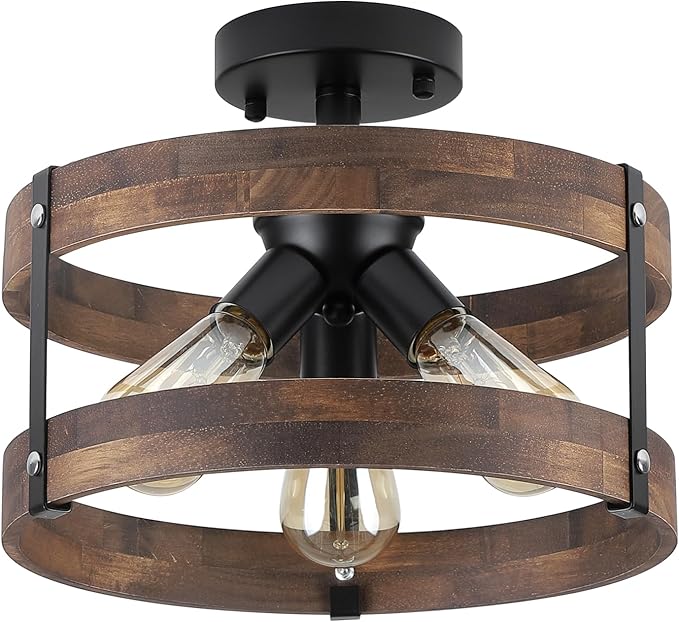 3-Light Rustic Farmhouse Wood Flush Mount Ceiling Light Fixture Oak Wood Round Drum Semi Flush Mount Ceiling Light for Hallway Hall Entry Bedroom Farmhouse Indoor, Black