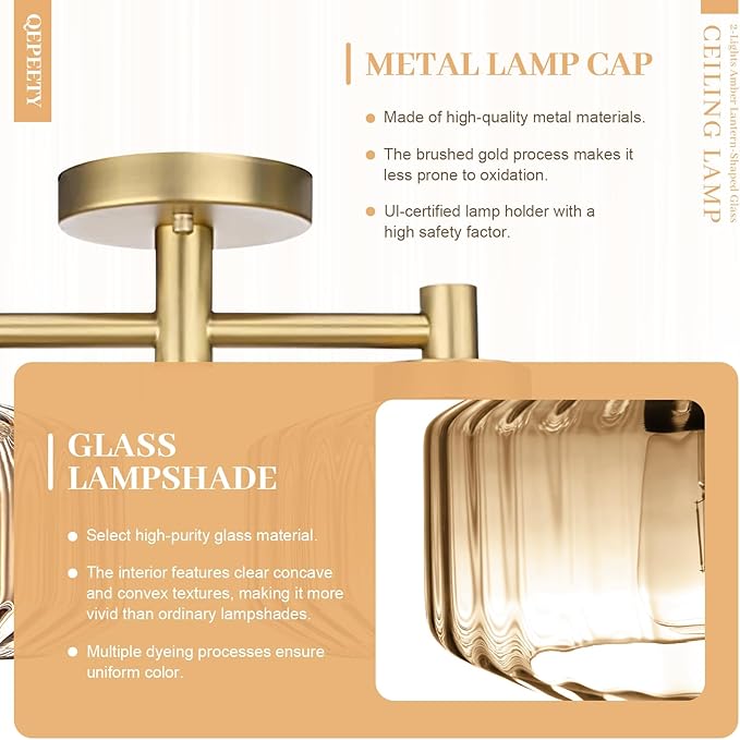 Semi-Flush Mount Ceiling Light Fixture, 2-Light Vintage Chandelier with Amber Glass Shades and Gold Frame, Mid-Century Modern Ceiling Lamp for Kitchen Island, Dining Room, Bedroom