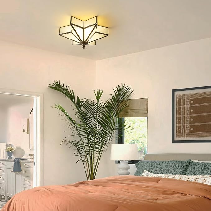 Star Brass Glass Ceiling Light - Small 12 Inch Bronze Black Flush Mount Fixture - Unique Art Deco Vintage Modern Milk Lighting Lights for Bedroom Dining Entry Hall Hallway Outdoor Porch