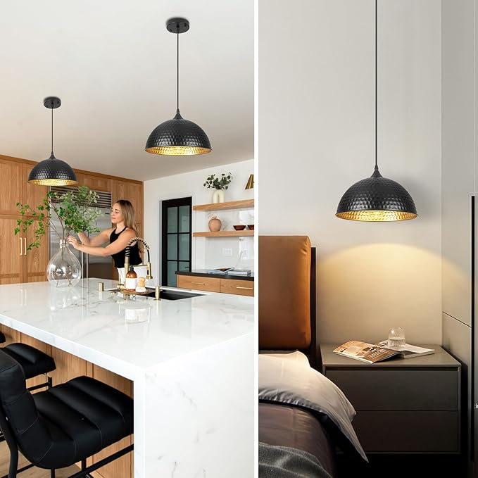 Black Pendant Lights Kitchen Island, 11.8 Inch Hammered Dome Pendant Light, Modern Farmhouse Pendant Light for Kitchen Island, Dining Room, Cafe, Bar, 1 Pack