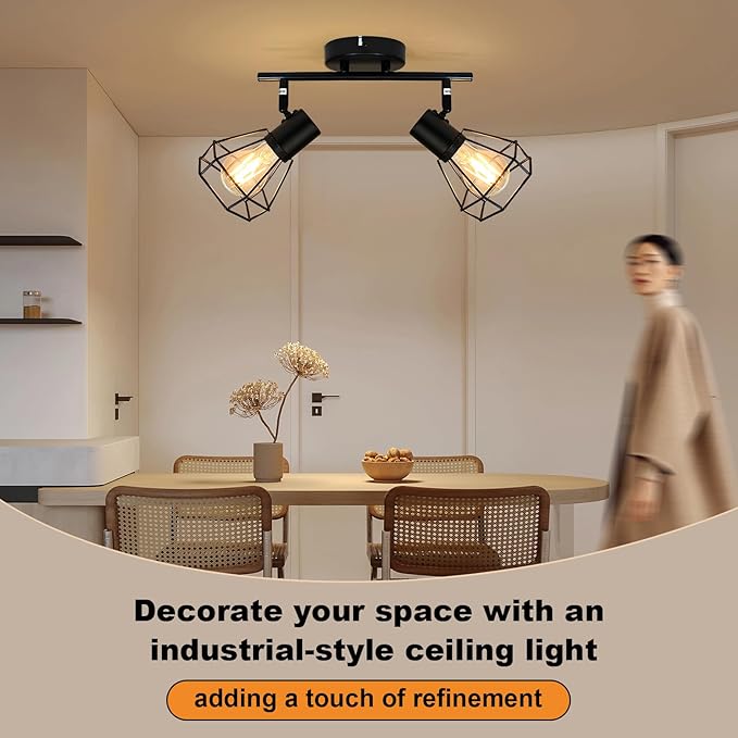 LTBLIGHT LED Track Lighting Kit, 2-Light Directional Ceiling Light Fixture, Black Metal Wire Cage Spotlight Fitting for Bedroom, Art Wall, Study Room, E26 Base, Bulbs Not Included