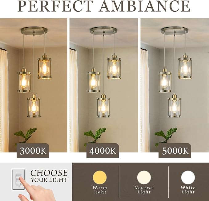 3-Light Pendant Lighting, Brushed Nickel Dining Room Chandelier Light Fixture Over Table with Clear Glass, Modern Cluster Hanging Lights for Kitchen Island Sink, OS-3014-3BN