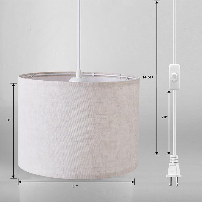 KUAUGST Plug in Pendant Light, 15 FT Hanging Lamp with Plug in Cord, On/Off Switch, Pendant Lighting with Fabric Shade, Hanging Light Fixture for Living Room, Bedroom, Dining Room, Kitchen