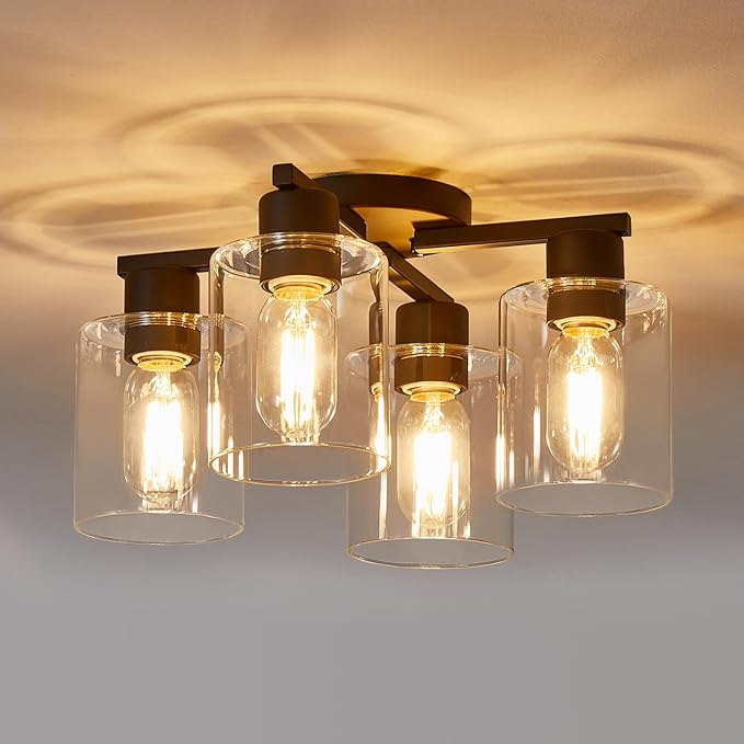 YYT Semi Flush Mount Ceiling Light Black 4-Light Kitchen Ceiling Light fixtures Kitchen Lighting Fixtures Cieling with Glass Shade for Bedroom Foyer Dinning Room