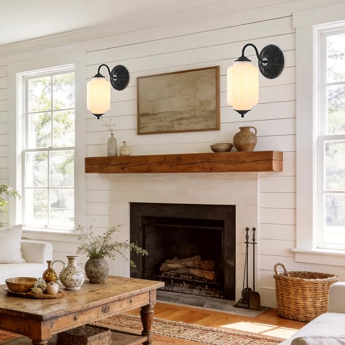 LOUSACE Antique Wall Sconce with Milk White Glass Shade, Vintage Wall Light Fixture, Mid Century Restro Bathroom Vanity Light, Indoor Wall Lighting for Bedroom Living Room Hallway (Bulbs Included)