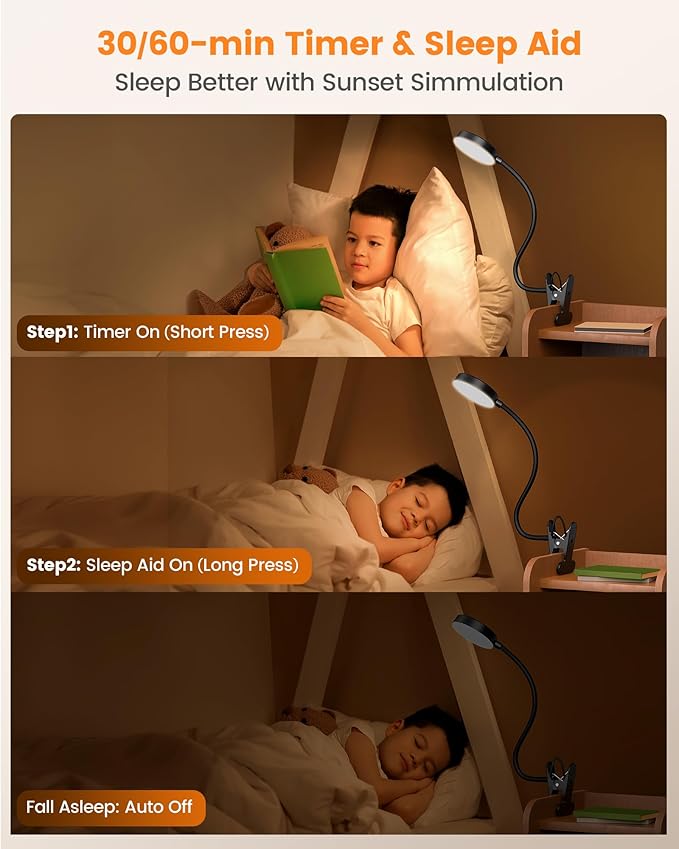 Glocusent Clip on Light, 72 LEDs Clip on Lamp with Amber Night Light, 3 Colors & 5 Brightness Bed Lamp, 30/60-Min Auto Off Timer, Perfect Eye Caring Reading Lamps for Bed/Headboard/Table/Desk