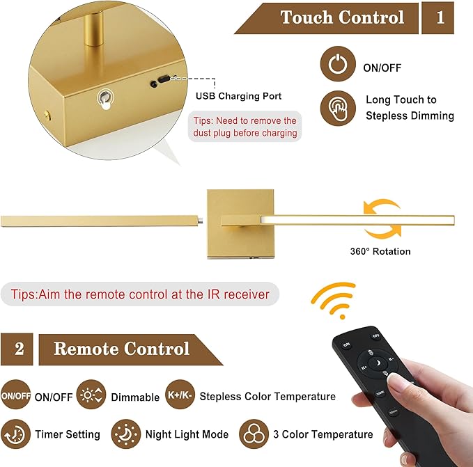 KARTOOSH 28.3 Inch Battery Operated Wireless Wall Sconce, 360° Rotatable Detachable Modern Wall Lamp with Remote Control Stepless Dimmable 3000K-6000K LED Light for Bedroom, Living Room Gallery Gold
