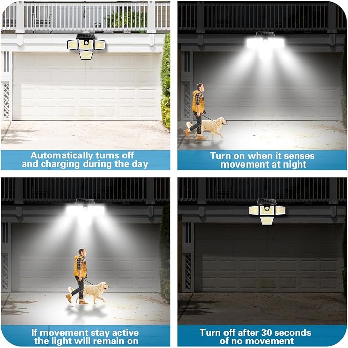AmeriTop Solar Lights Outdoor, 2 Pack 300 LED High Brightness Cordless Solar Motion Sensor Lights; 4 Adjustable Heads,320ยฐ Wide Angle Illumination, IP65 Waterproof, Security LED Flood Light(Daylight)