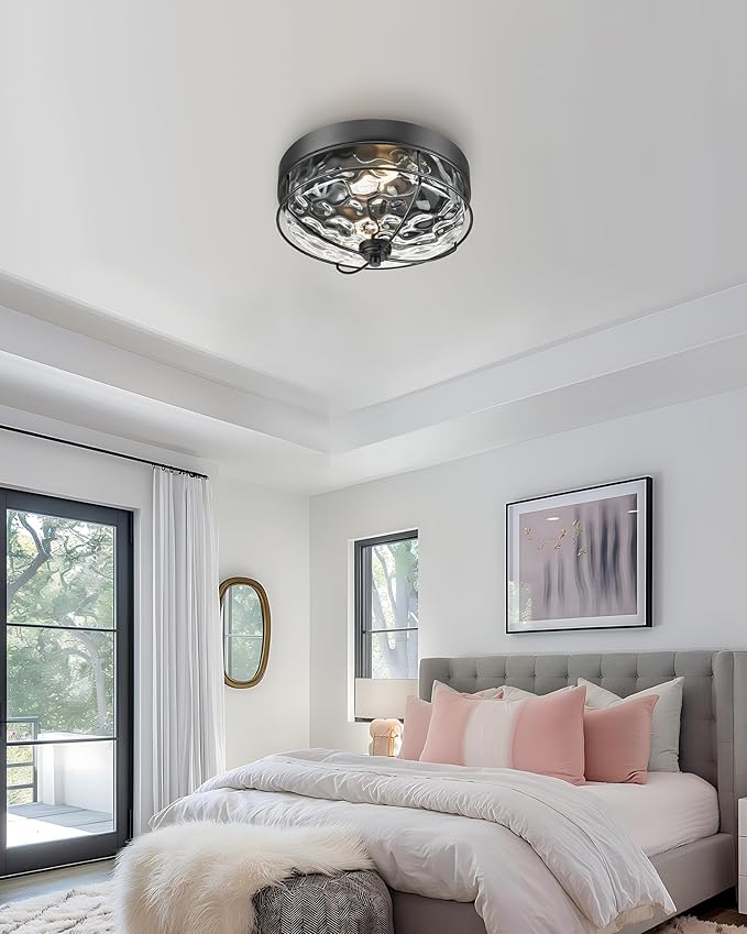 Black Flush Mount Ceiling Light, HWH 12 inch 2-Light Farmhouse Close to Ceiling Light Fixture in Matte Black Finish with Water Ripple Hammered Glass, Kitchen Bedroom Laundry Foyer, 5HTJ7WG-F BK