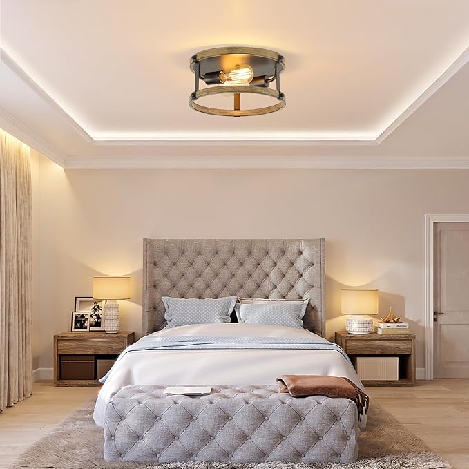 Farmhouse Flush Mount Ceiling Light Fixture, 12.5 Inch 2-Light Rustic Ceiling Mount Light Fixtures, Round Drum Brown Wood Finish Flush Mount Lights for Kitchen Bedroom Hallway Dining Room