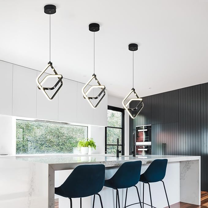 Modern LED Pendant Lights Plated Black Rectangular Pendant Light Fixtures 4000K 20W Dimmable Pendant Lighting for Dining Room Kitchen Island Bedroom Living Room Foyer(3-Pack)