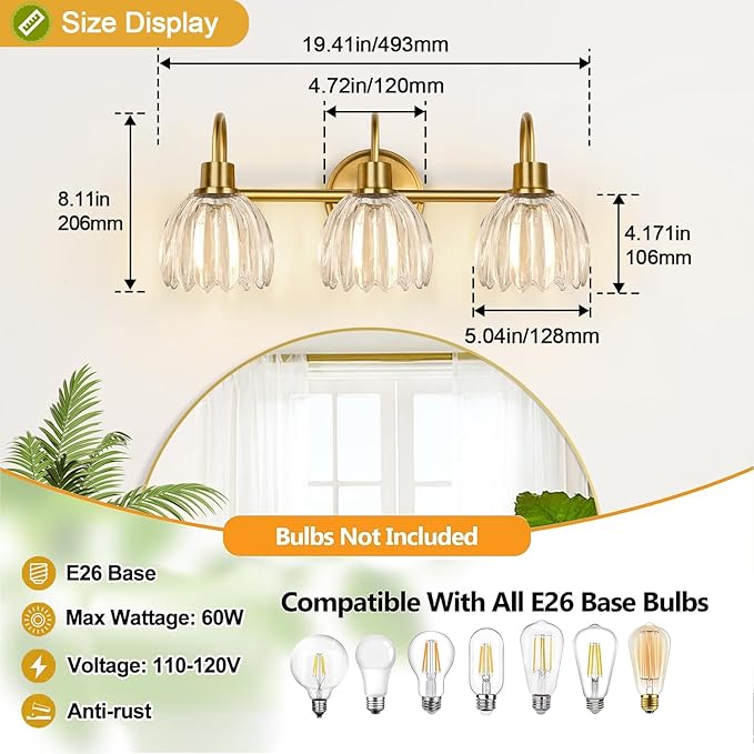3-Light Bathroom Light Fixtures, 20" Brushed Gold Vanity Lights for Bathroom with Ribbed Clear Tulip Glass Shade, Vintage Wall Vanity Lighting Fixtures Over Mirror for Bathroom Living Room Hallway