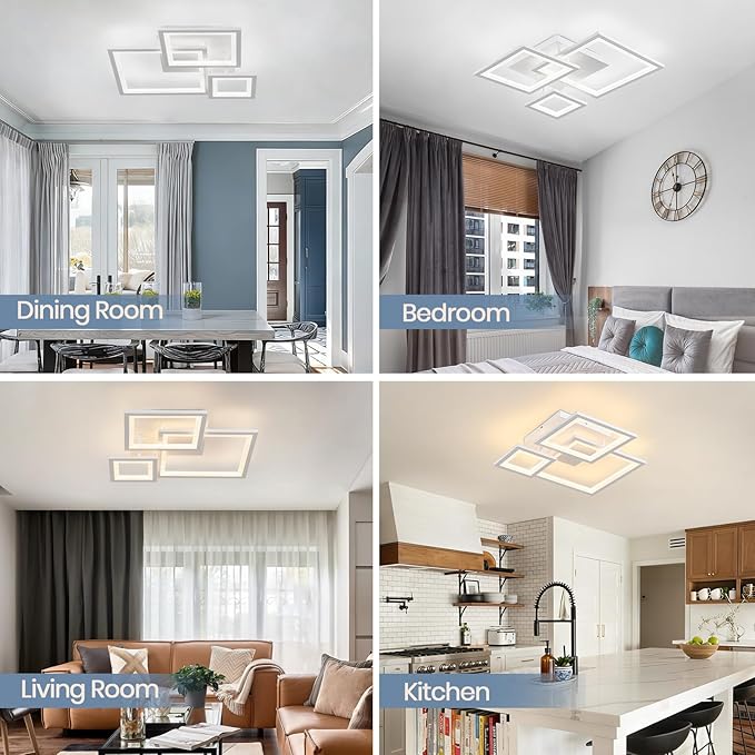 Modern White Led Ceiling Light 3-Square Design 3000K-6500K Dimmable LED Ceiling Light with Remote 33W Acrylic Ceiling Lighting Fixture for Bedroom Kitchen Dining Room Office Lamps (White)