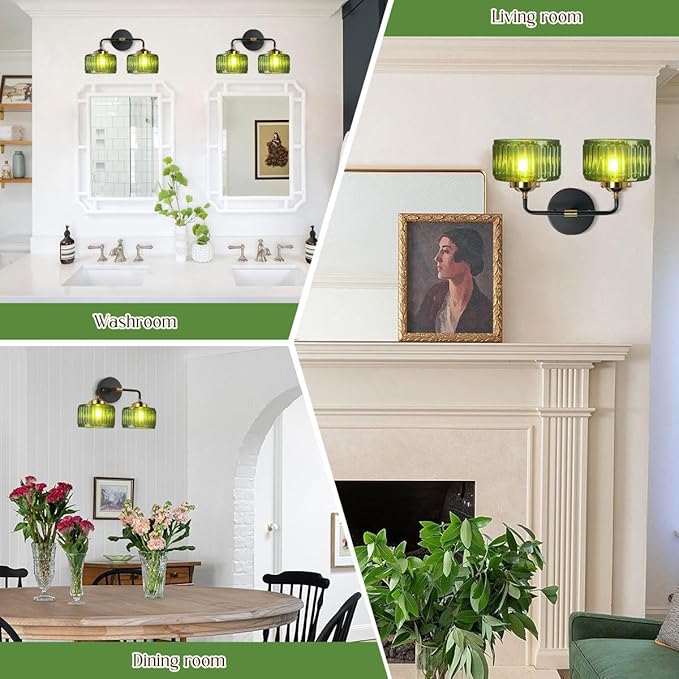 Vintage Bathroom Vanity Light, Bathroom Light Fixtures Over Mirror, Mid Century Style Striped Green Wall Sconce Farmhouse 2-Lights Fixture Black Vanity Lamp for Over Mirror Bedroom