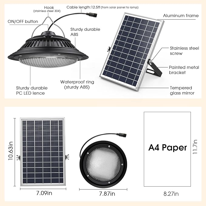 Solar Pendant Lights - Indoor/Outdoor, Daytime & Night 3200K/4000K/6000K Solar Shed Light with ON/Off Switch & Remote, Dimmable Hanging Chandelier Lights for Barn Porch Patio Chicken Coop