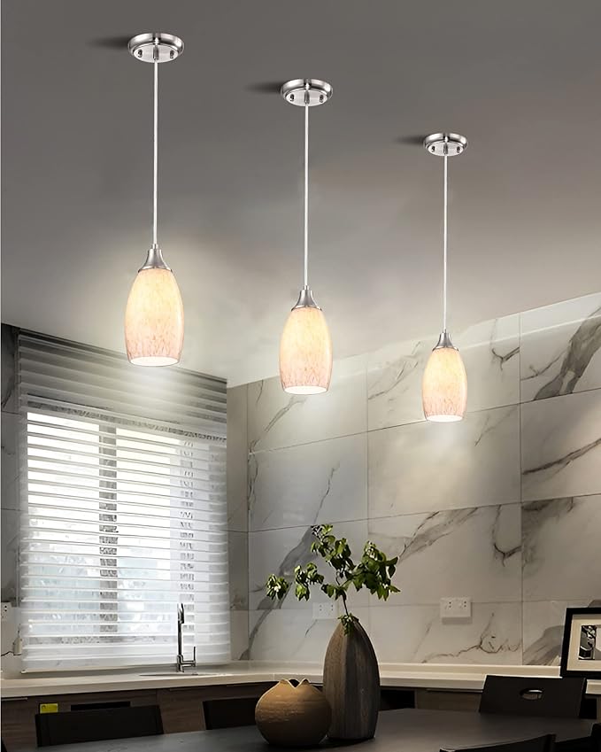 karyfine Milk Mini Glass Pendant Lights,Blown Art Glass Pendant Hanging Light Fixtures Kitchen Island Pendant Lamp Shade with Brushed Nickel Finish for Bar Counter,Hallway,Dining Room-3Pack