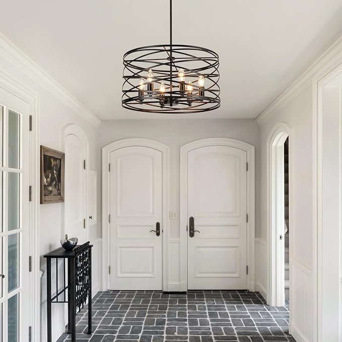 WILON 6-Light Pendant Lights Kitchen Island,19.68'' Spiral Cage Pendant Lights,Adjustable Black Industrial Pendant Light Fixtures Retro Lighting for Kitchen Island, Living Room, Bedroom