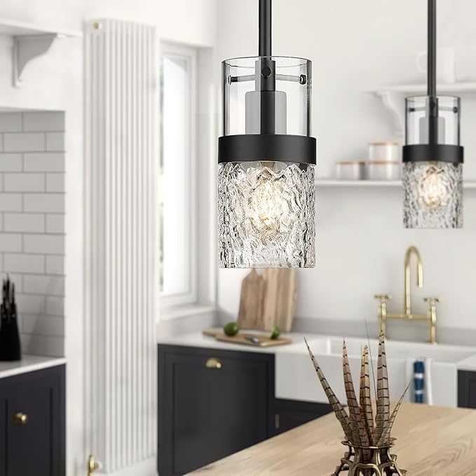 LMS Glass Pendant Lights Kitchen Island 2-Pack, Modern Black Pendant Light Set of 2 with Hammered Glass and Rods, Mini Hanging Lighting for Kitchen Island, Bathroom, Bedroom, LMS-201