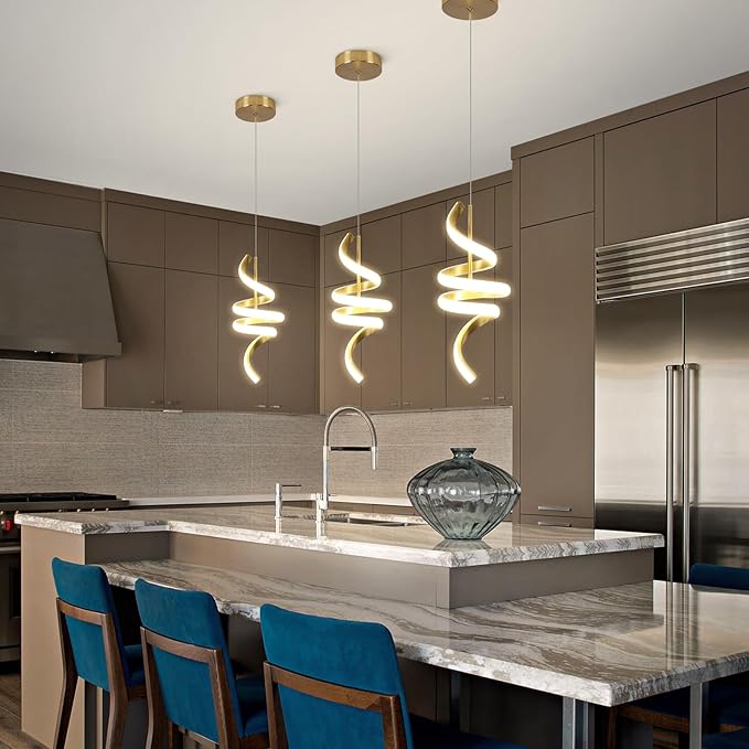 4000K Modern Pendant Light, 15IN Spiral LED Pendant Lights Adjustable Height Black Kitchen Island Fixtures Chandeliers for Dining Room Hanging Lights, 1 Pack (Gold,4000K, Hardwired,2PACKS)