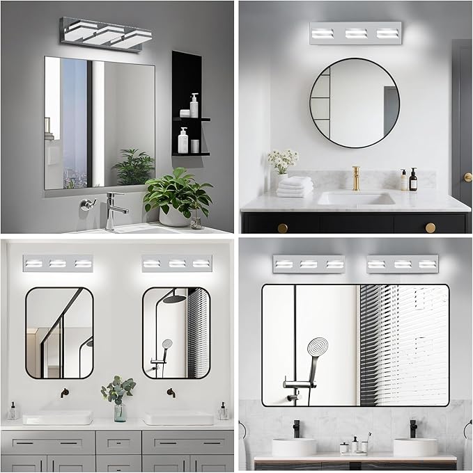 IZORRO LED Modern Bathroom Lights Fixtures(3-Light,Dimmable,360°Rotate),Chrome Acrylic Wall Lighting,Vanity Lights for Bathroom Over Mirror - 6000k 16In (No Assembly Required)