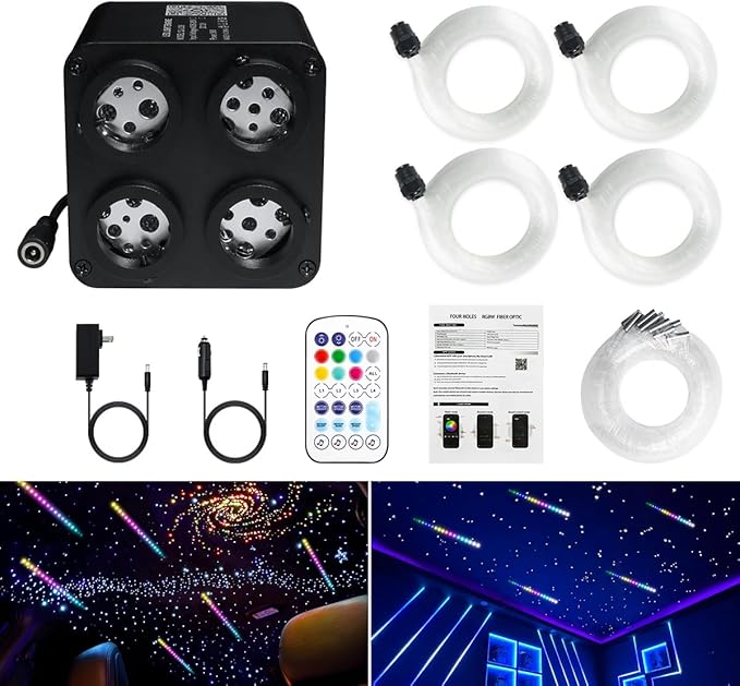 AMKI Updated 4Color Meteor Twinkle 36w Starlight Headliner Kits 900pcs 0.03in 9.8ft, 240pcs RGB Meteor Shooting Star Cable, 2 in 1 Fiber Optic Light Box RGBW Sound Activated Mode for Car& Home Decor