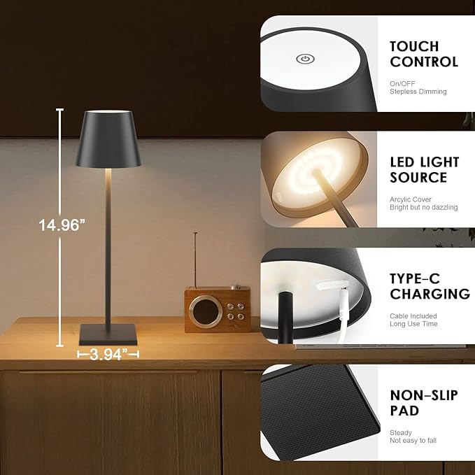 4-Pack LED Rechargeable Table Lamp, Battery Desk lamp 3W 5000mAh Battery Operated Stepless Dimming Modern Portable Table Light for Restaurant/Dinner/Bedroom/Outdoor IP54 Waterproof (Black)