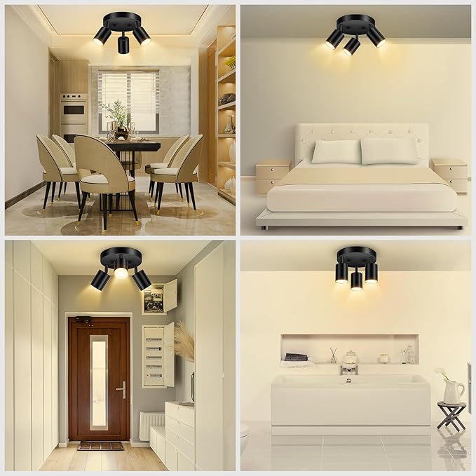 LED 3 Light Track Lighting Kit, LED Track Lighting Fixtures, Black Round Ceiling Spot Lighting, Flexibly Rotatable Light Head for Kitchen, Living Room, Bedroom, GU10 Bulb Not Included