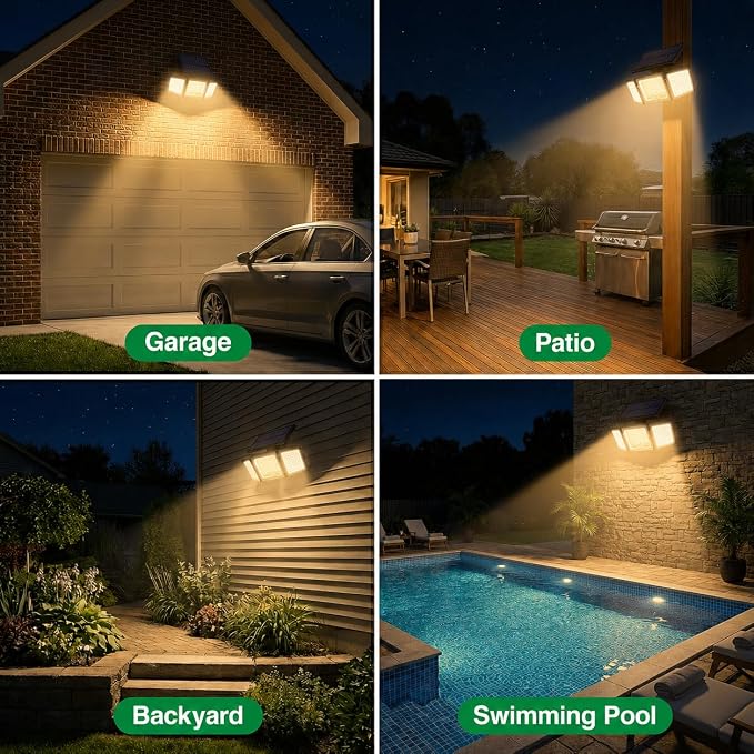 Solar Outdoor Lights Motion Sensor, 2500LM 286 LED Security Flood Lights with Visual Battery & Mode Display, 3 Lighting Modes, IP65 Waterproof 3-Head Wide Angle for Garage, Yard, Patio (2P Warm White)