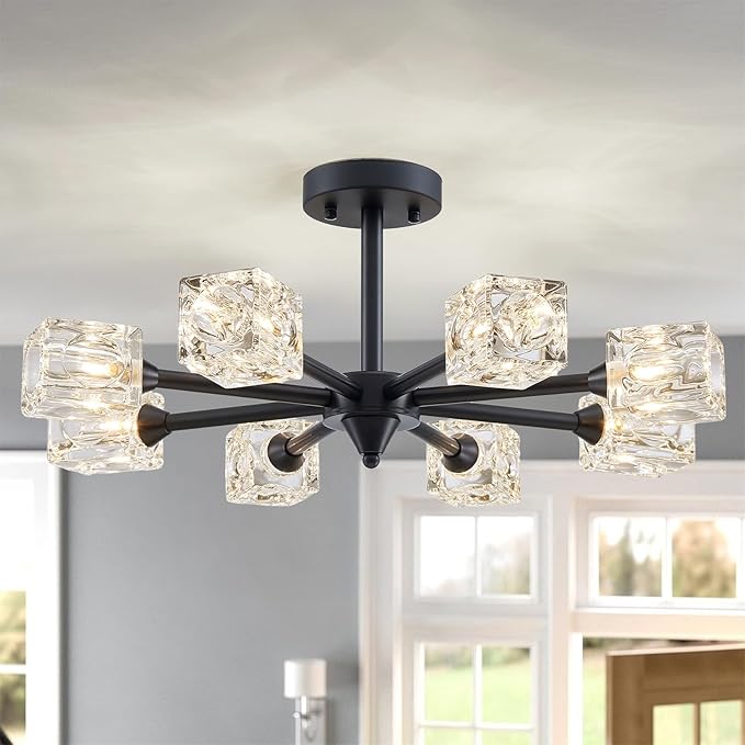 XINGQI 8 Lights Ceiling Light Fixture Farmhouse Semi Flush Mount Ceiling Light Industrial Black Glass Sputnik Chandelier for Bedroom Hallway Dining Room Powder Room