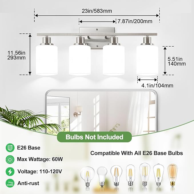 Indoi 4-Light Bathroom Light Fixtures, Brushed Nickel Vanity Lights with Milk Glass Shades, Modern Bathroom Wall Lamp for Mirror Living Room Bedroom Porch