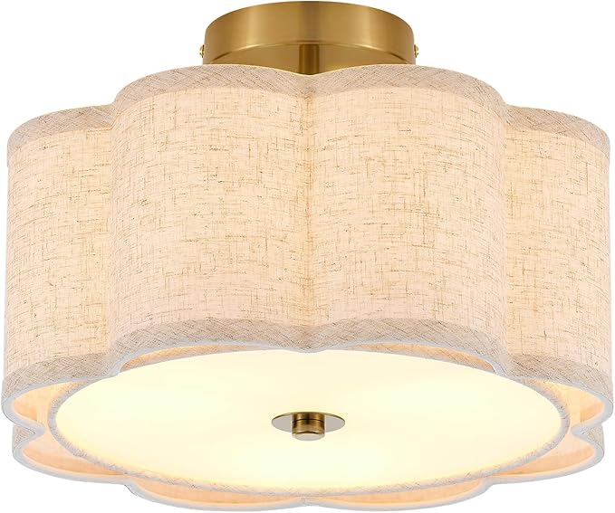 Semi Flush Mount Ceiling Light, Beige Linen Fabric Shade Ceiling Light, Golden Modern Farmhouse Close to Ceiling Light for Bedroom, Laundry Room, Hallway, Living Room, Dining Room