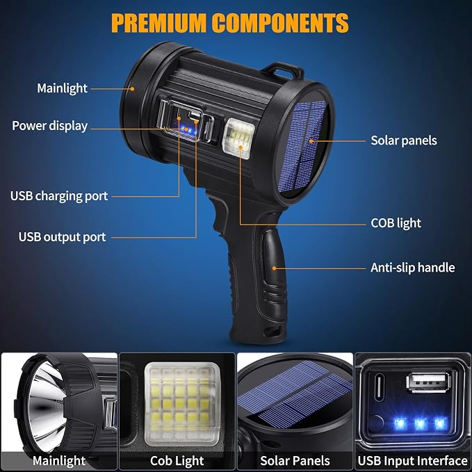 Rechargeable Spotlight, 2000000 LM Super Bright Spotlight Flashlight, Long Running Spot Light Searchlight, Outdoor Handheld LED Flashlight High Lumens with Solar Panels for Hunting Camping Boat