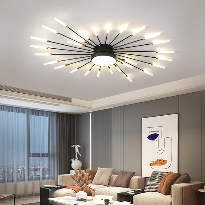 JAYMP 41.3" Ceiling Light Modern Flower Shape Ceiling Lamp for Living Room Dining Room Flush Mount Metal Acrylic Sputnik Firework Petal LED Lighting Fixture (Matte Black, 28+1 Lights)