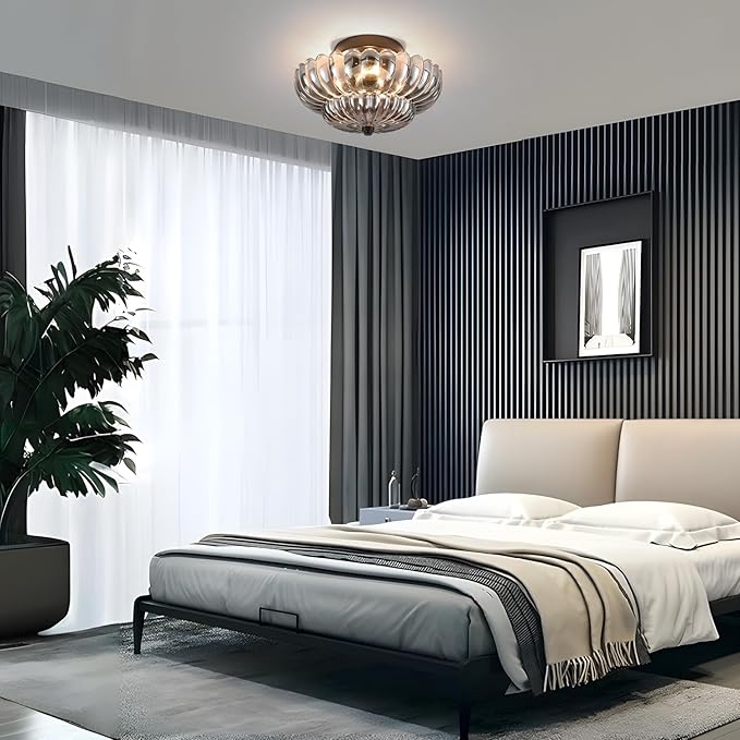 Modern Black Flush Mount Ceiling Light,Semi Flush Mount Ceiling Light Fixture,Industrial Kitchen Lighting,Electroplated Transparent Glass mid century light for Bedroom, Living Room, Hallway, Entryway