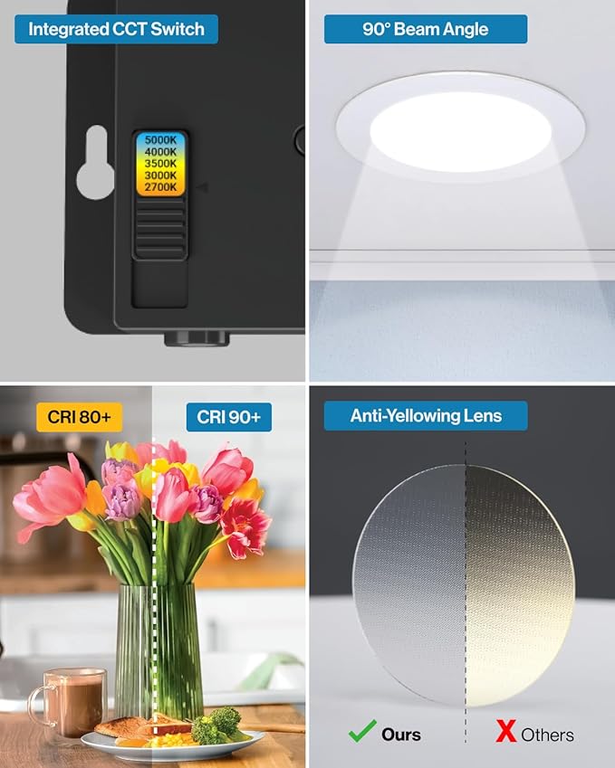 Sunco 24 Pack 6 Inch Ultra Thin LED Recessed Ceiling Lights, High Brightness 1500LM, Selectable CCT 2700K/3000K/4000K/5000K/6000K, Dimmable, 14W, Canless with Junction Box