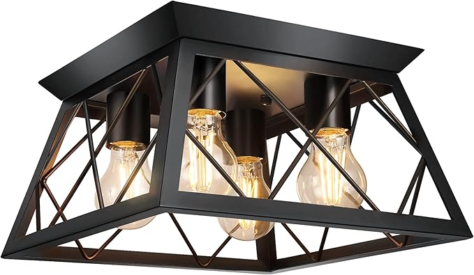 FadimiKoo 4-Light Black Flush Mount Ceiling Light for Kitchen Hallway, Industrial Close to Ceiling Lighting, Farmhouse Square Cage Lamp for Dining Room, Living Room, Bulb Not Included