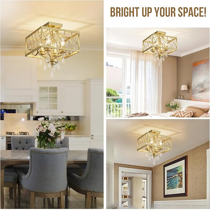 Crystal Semi Flush Mount Ceiling Light, 4-Light Close to Ceiling Light Fixtures, Farmhouse Crystal Chandelier Hallway Gold Metal Cage Modern Light Fixture for Entryway Bedroom Kitchen Living Room