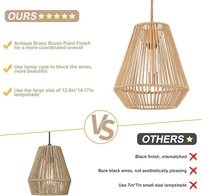 Woven Pendant Lights Hanging Lamp with 12" Hand Rattan Basket Shade Antique Brass Brush Paint Finish for Kitchen Island Farmhouse Dining Room Bar Bedroom Foyer Hallway