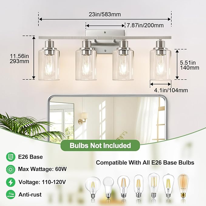 Indoi 4-Light Bathroom Light Fixtures, Brushed Nickel Vanity Lights with Clear Glass Shades, Modern Bathroom Wall Lamp for Mirror Living Room Cabinet Bedroom Porch