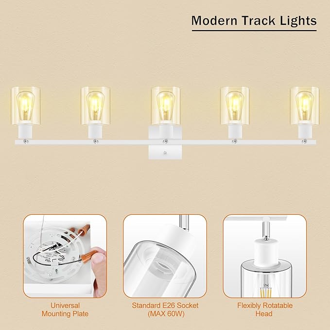BoostArea White LED 5 Light Track Lighting Kit, 5 Way Ceiling Spot Lighting with Glass Lampshade, Flexibly Rotatable Light Head for Kitchen, Living Room, Bedroom, Bulb Not Included