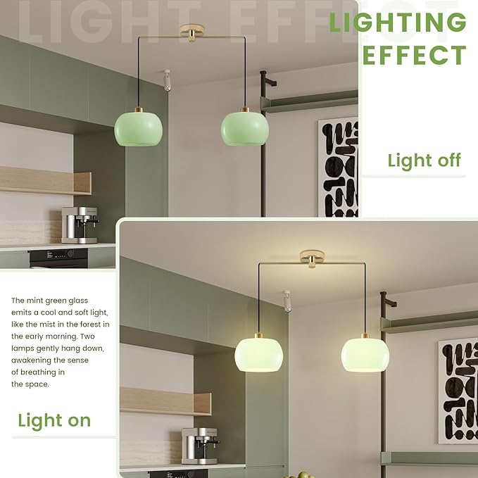 Mid Century Vintage Gold Pendant Light, 2-Light Adjustable Hanging Fixture with Green Glass Dome Shade, Farmhouse Chandelier for Kitchen Island Dining Room