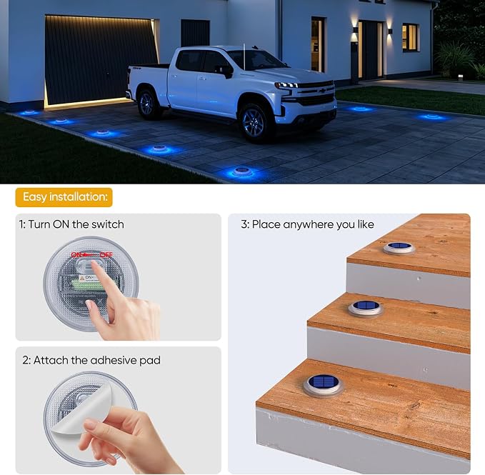 Honalia Blue Solar Driveway Lights Outdoor, 6 Pack Solar Dock Deck Lights Waterproof, Deck Lights Solar Powered for Outside, Stick on Solar Lights for Stair, Patio, Pathway, Walkway, Sidewalk, Step