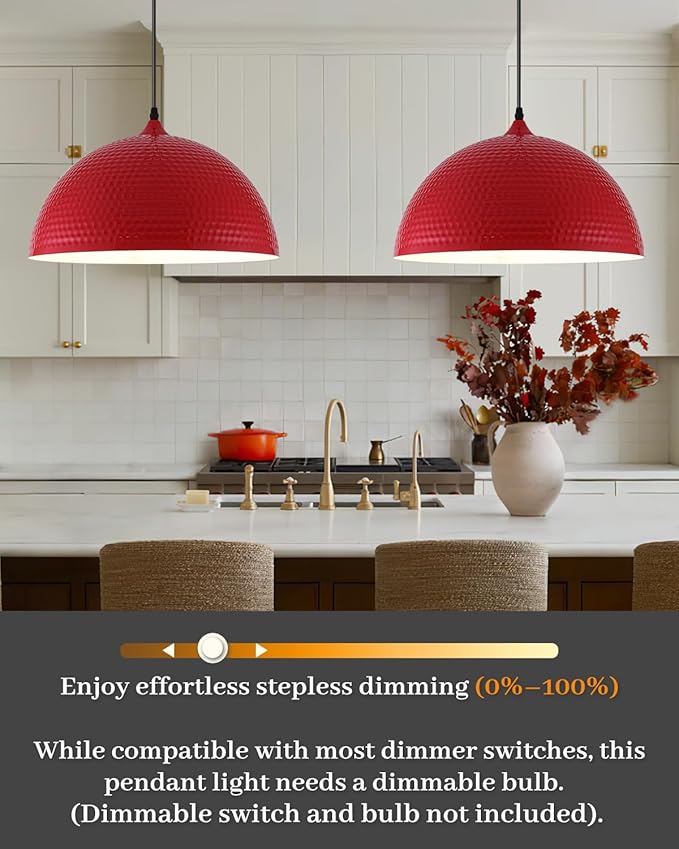 16 inch Red Pendant Light 2 Pack, Hammered Large Industrial Pendant Lights Kitchen Island, Oversive Red Dome Pendant Light for Kitchen Island, Dining Room, Bar