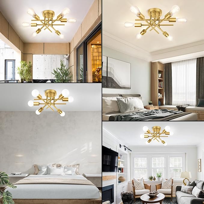 TOBUSA 6-Light Gold Semi Flush Mount Ceiling Light Fixture, Modern Industrial Brushed Golden Sputnik Ceiling Light, E26 Close to Ceiling Light for Kitchen Bedroom Dining Room Living Room Hallway