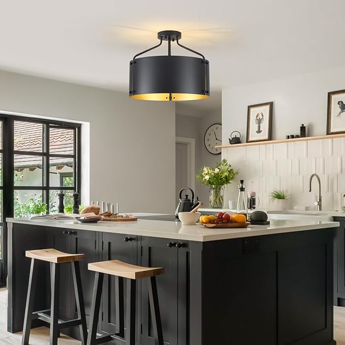 Semi Flush Mount Ceiling Light Fixture,Drum Black and Gold Chandelier Light Fixture,16''Bedroom Ceiling Lights,3-Light Kitchen Lighting Fixtures Ceiling for Farmhouse Hallway Porch Entryway